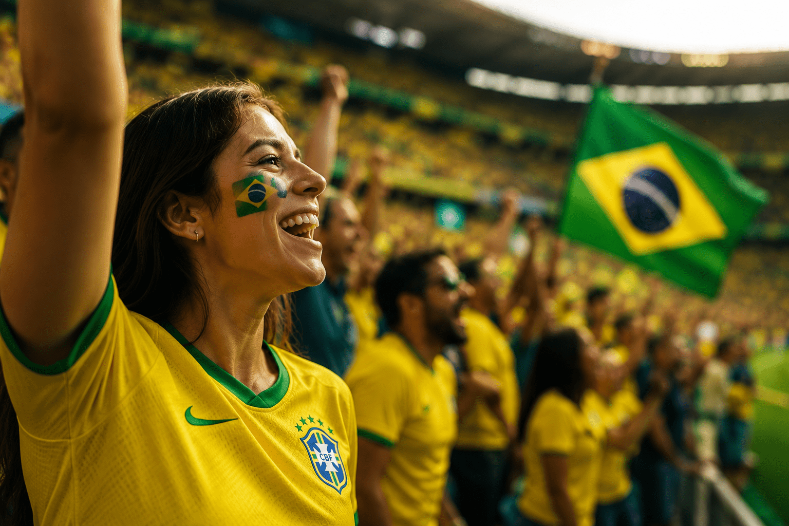 Torcedores brasileiros vestindo a camisa da Seleção Brasileira durante a Copa do Mundo 2026 em um estádio lotado e festivo
